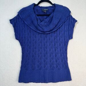 Willi Smith Navy Blue Cap Sleeve Cowl Neck Cotton Knit Sweater Blouse Size Large